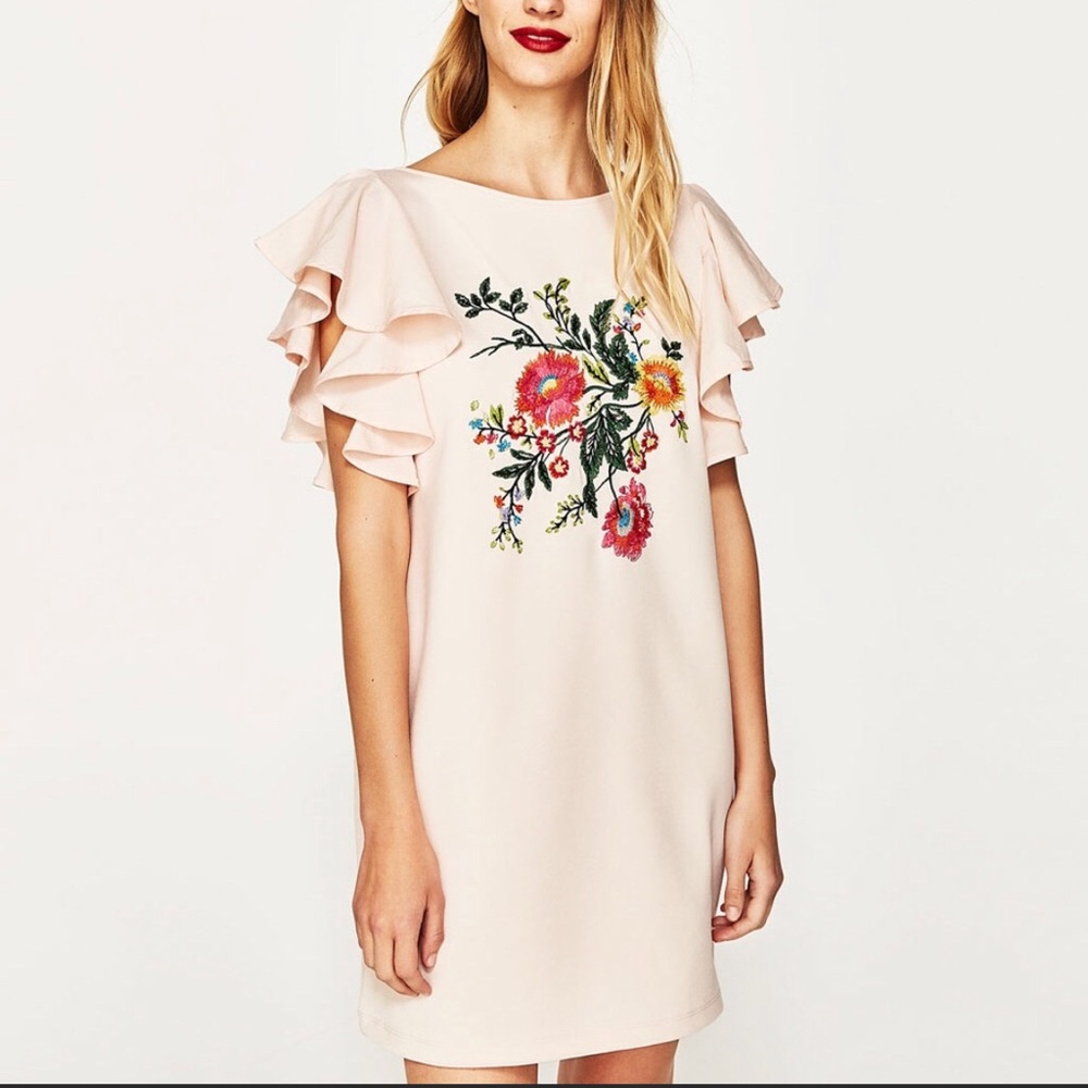 Zara floral embroidered flutter sleeve shift mini dress